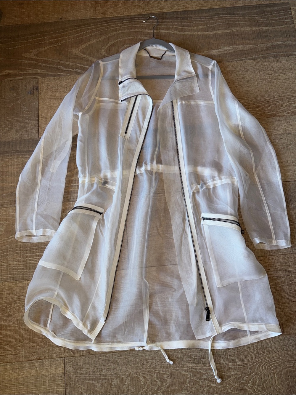 Elite Tahiti Sheer White Longline Women's Jacket with Zip Pockets cinch waist